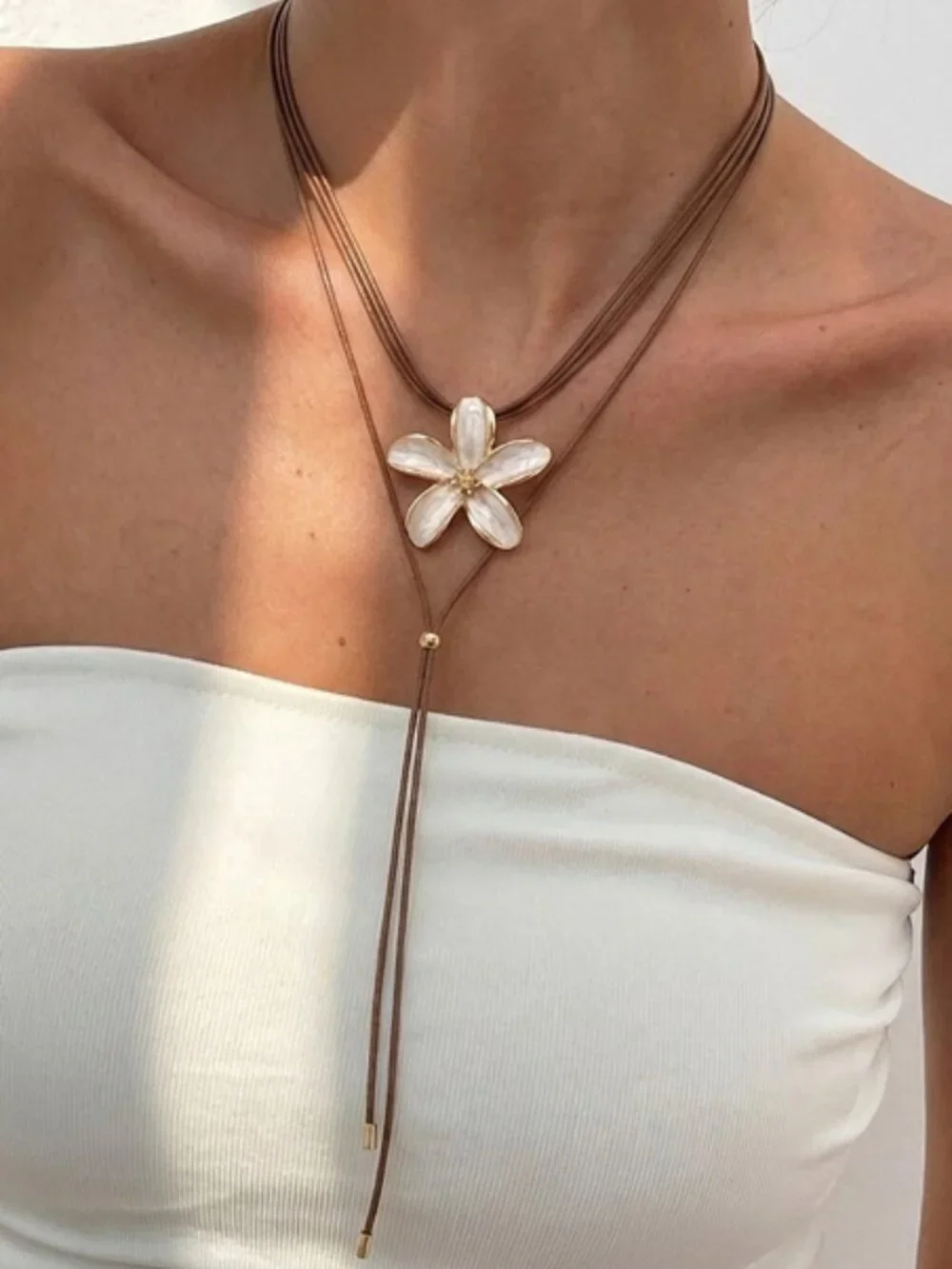 Free People White Enamel Flower Layered Lariat Necklace